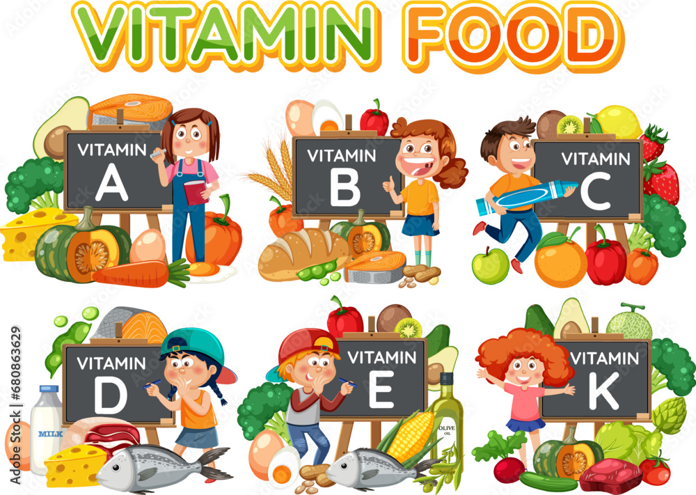 Fototapeta premium Students Matching Vitamins with Food in Front of Banner