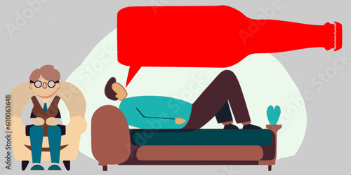 Vector illustration of man lying in psychotherapist bed speaking with a beer bottle speech bubble and a shrink doctor beside him