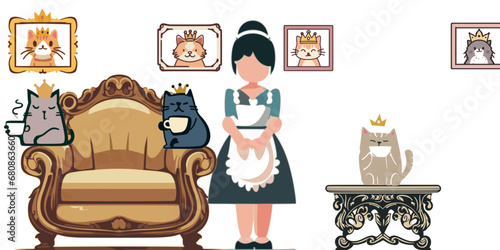 illustration of three kitty feline with tiny crowns sitting on furniture with a maid standing, pictures of crowned cats  in picture frames, cat royalty. 