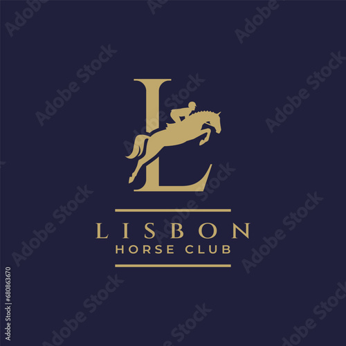 Elegant luxury letter L monogram horse jumping logo, letter L horse logo, show jumping horse logo, logo type, typography