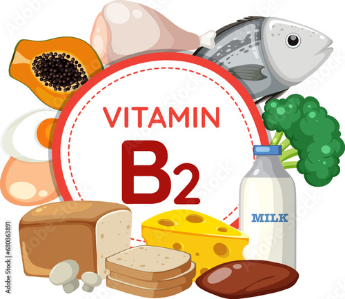 Vitamin B2 Icon Banner Surrounded by Nutritious Food