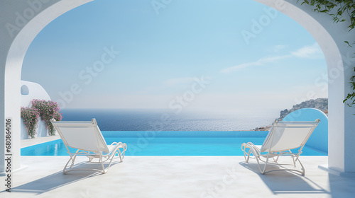 two deck chairs on terrace with pool with stunning sea view © pjdesign