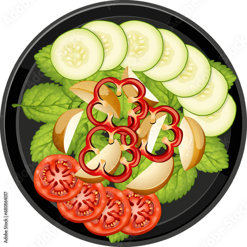 Fresh and Colorful Salad with Cucumber, Tomato, Potato, and Green Leaves