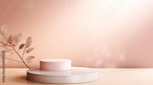 two layer glossy pastel pink cream round podium on white table with copy space for design.