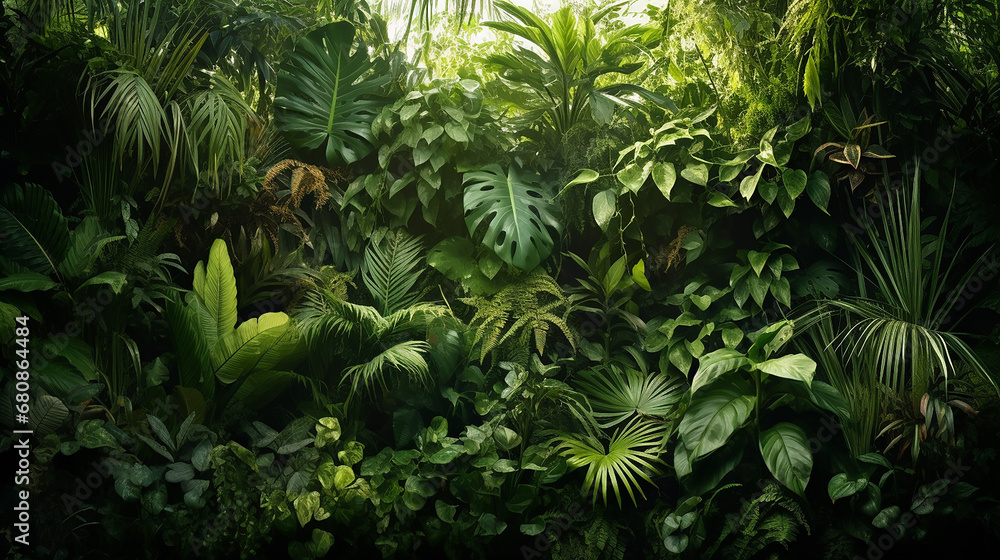 variety of beautiful green fresh tropical lush foliage with sunlight - obrazy, fototapety, plakaty 