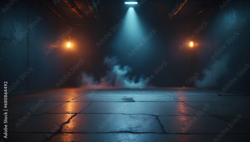 Fototapeta premium A dark empty street, dark blue background, an empty dark scene, neon light, spotlights The asphalt floor and studio room with smoke float up the interior texture