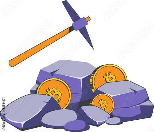 Concept of bitcoin mining. Stones, pickaxe and gold coins. Vector illustration of cryptocurrency mining in retro style