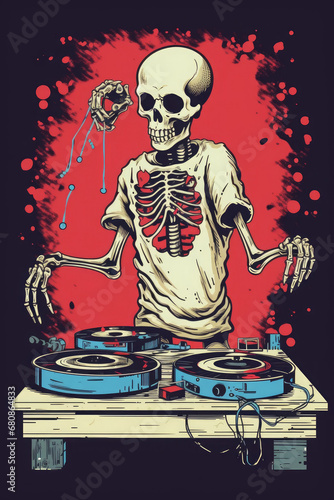 A zombie DJ at a party with a turntable made of bones simple professional t-shirt design AI Generated
