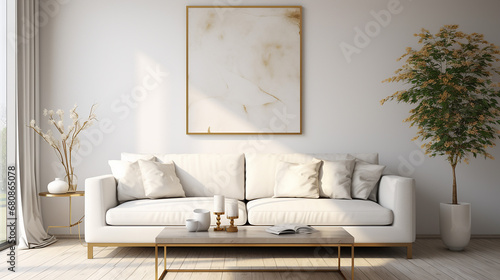 white fabric sofa and brass decor pieces. interior design © pjdesign