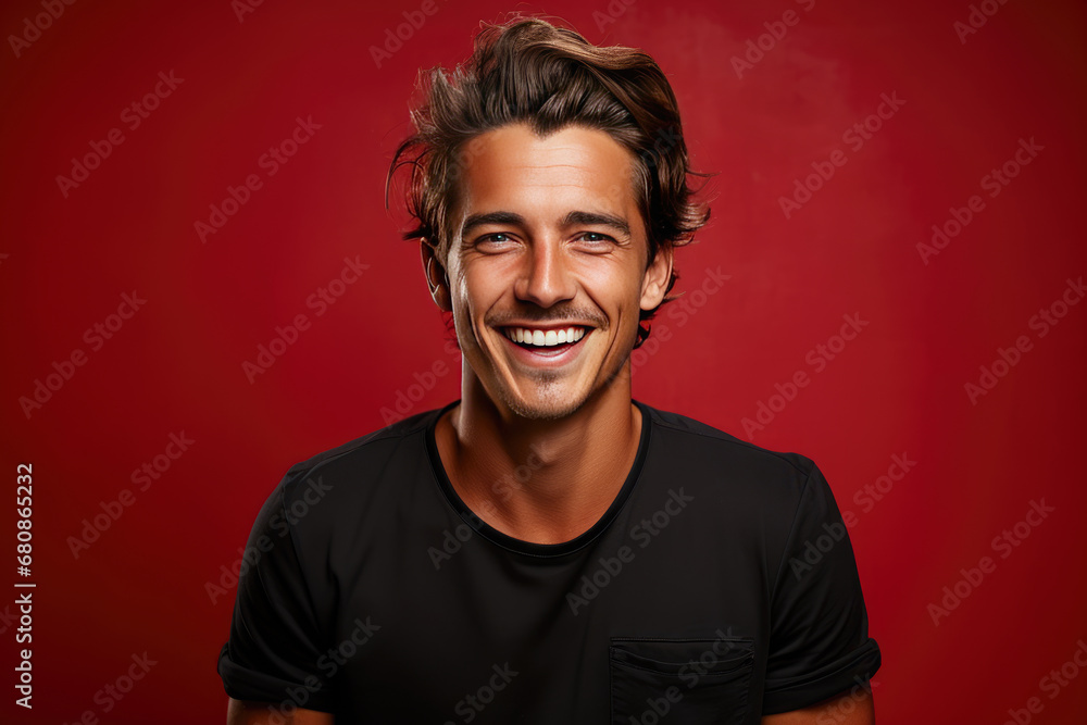 Naklejka premium happy man with long stylish uncombed hair and smiling bearded man on grey background, morning and barbershop fashion.