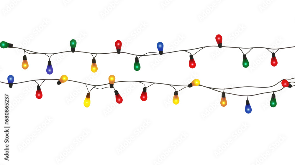 Christmas Holiday Garland with Colorful Light Bulbs on white or transparent background, png Christmas Holiday Garland with Colorful Light Bulbs on white or transparent background, png