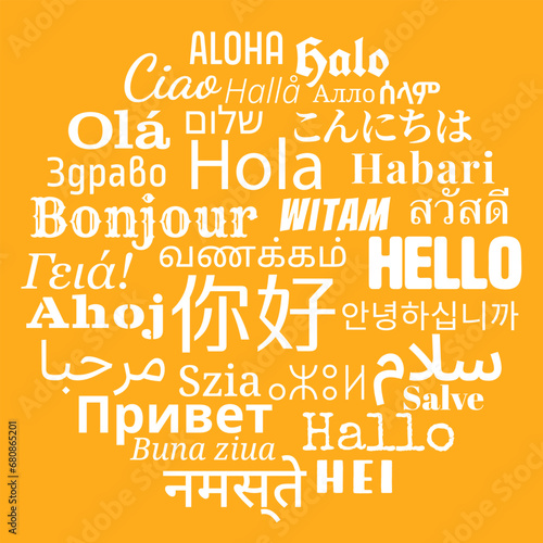 Circular composition of "Hello" messages in world different written languages, White texts on Yellow background