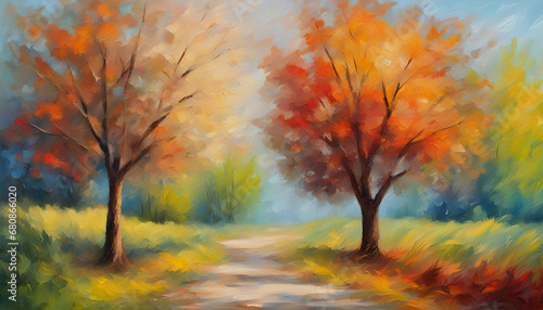 Oil painting colorful trees in the garden.