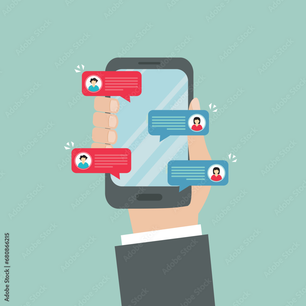 Chatting on smart phone. Hand holding device with message bubble notification. Vector illustration. Chatting on smart phone. Hand holding device with message bubble notification. Vector illustration.