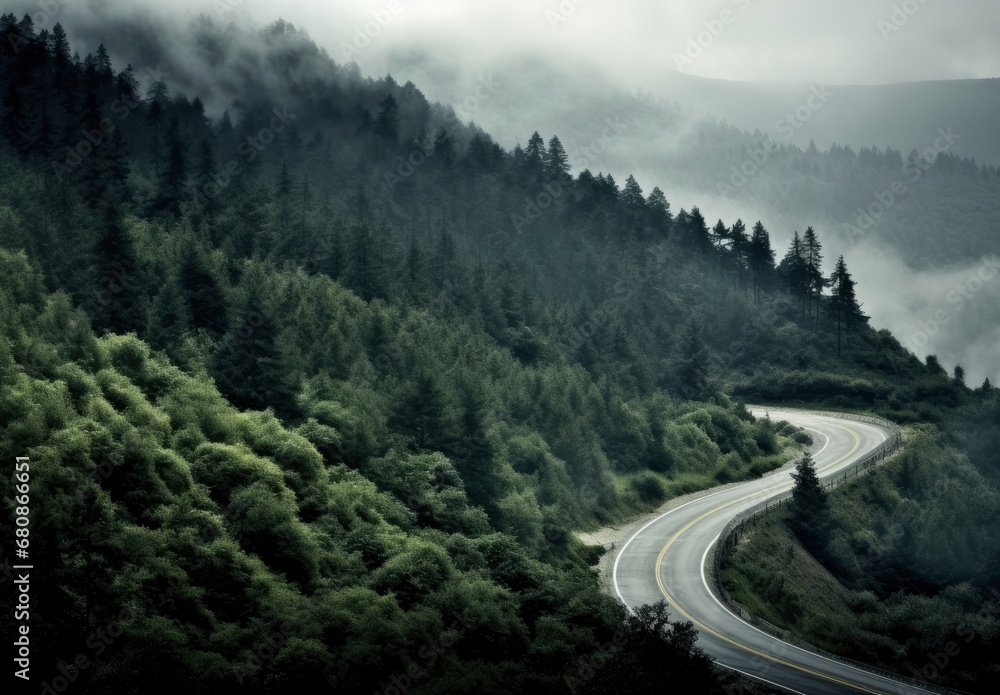 Winding Mountain Road Under a Cloud-Covered Sky. Winding Mountain Road Under a Cloud-Covered Sky.