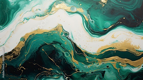 An abstract marble background in green, white, and gold with swirls and spiky lines. photo