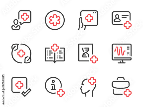 Healthcare vector line icons. Clinic and Hospital outline icon set. Ambulance, Medicine, Health, Medical service, First Aid and more. Color highlight symbols.