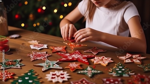 Close up of child hands glues the parts Christmas decoration