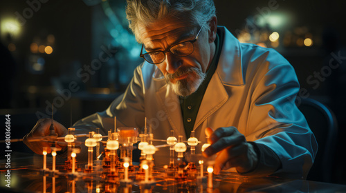 Scientist in lab coat examines glowing atomic model.