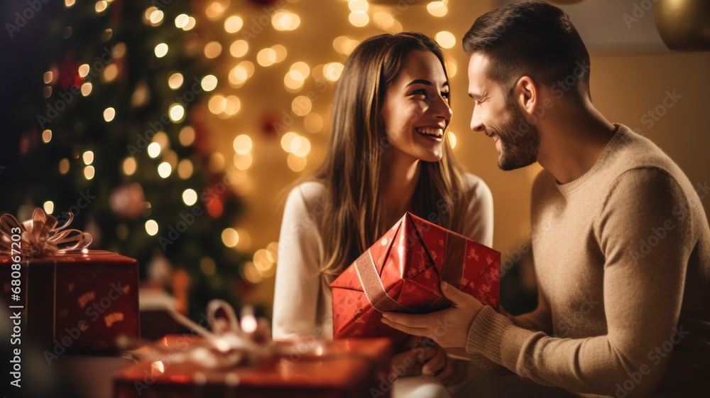 Young happy couple exchanging gists in front of decorated Christmas tree Young happy couple exchanging gists in front of decorated Christmas tree