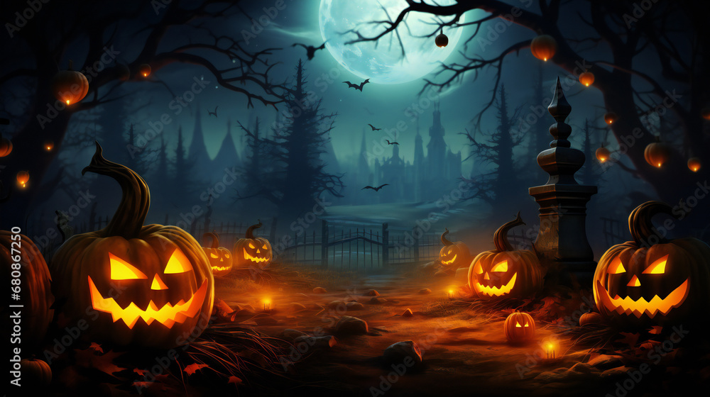 Spooky halloween wallpaper with pumpkin and old house
Fantasy spooky halloween night. Beware haunted house. Eerie forest adventures. Trick or treat. Midnight delight. Creepy castle in moonlight
