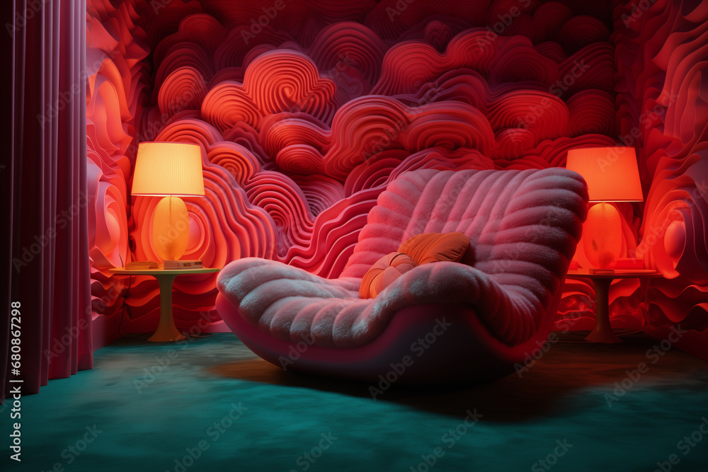 Obraz premium Luxury bedroom decorated with waves design, coral and sea theme. Psychodelic bright design. Futuristic modern Bedroom interior for modern home and hotel badroom.
