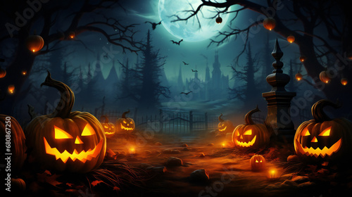 Spooky halloween wallpaper with pumpkin and old house Fantasy spooky halloween night. Beware haunted house. Eerie forest adventures. Trick or treat. Midnight delight. Creepy castle in moonlight 