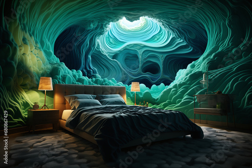Dark bedroom decorated with waves design  stone and sea theme. Psychedelic blue green bright design. Futuristic modern Bedroom interior for modern home and hotel bedroom