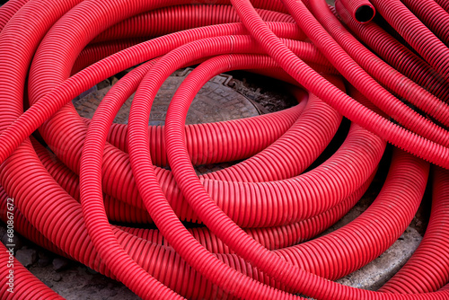 Red plastic corrugated pipe for installation of communications and electrical cables.