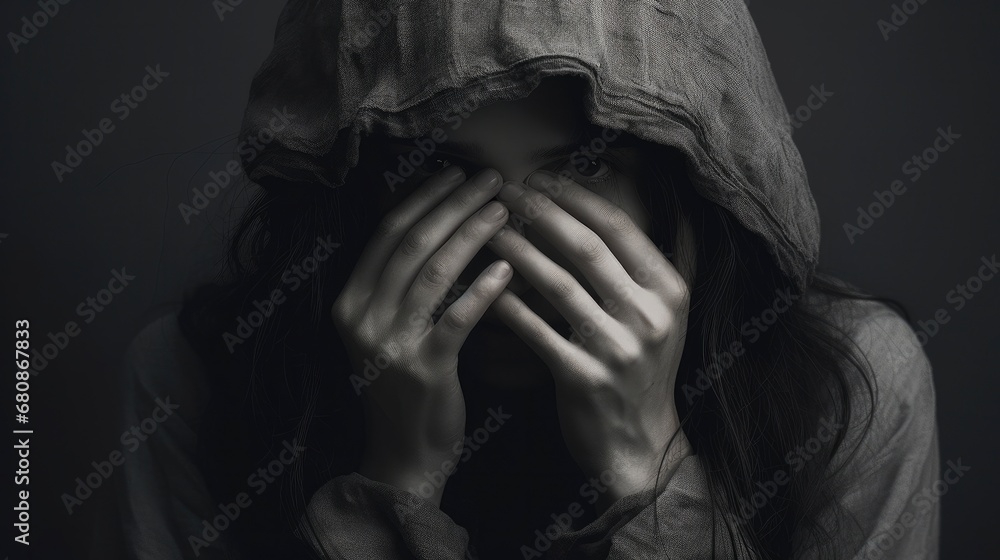 Woman covering her face with her hands, distressed dark gray and black.