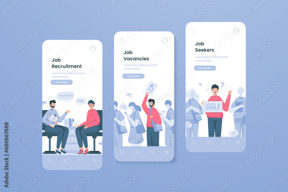 Job recruitment process illustration on mobile onboard screen template Job recruitment process illustration on mobile onboard screen template