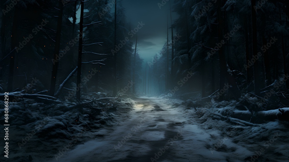 Geheimnisvolle Nacht im Wald: Ein verschneiter Pfad im blauen Mondlicht