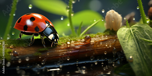 A ladybug sitting on a wood with water drops against blur background 
