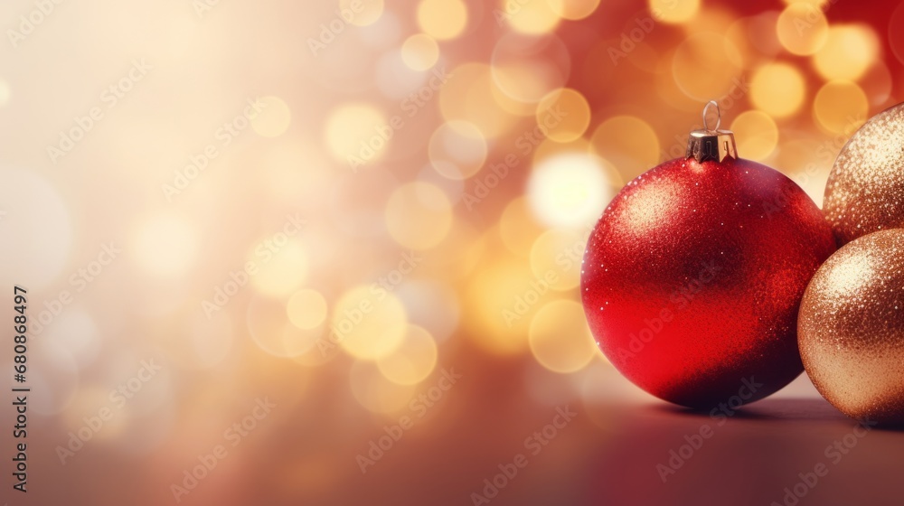 Minimalistic textured Christmas background, garland bokeh and copy space for text. New Year's card. Red and gold balls. Generative AI. Minimalistic textured Christmas background, garland bokeh and copy space for text. New Year's card. Red and gold balls. Generative AI.