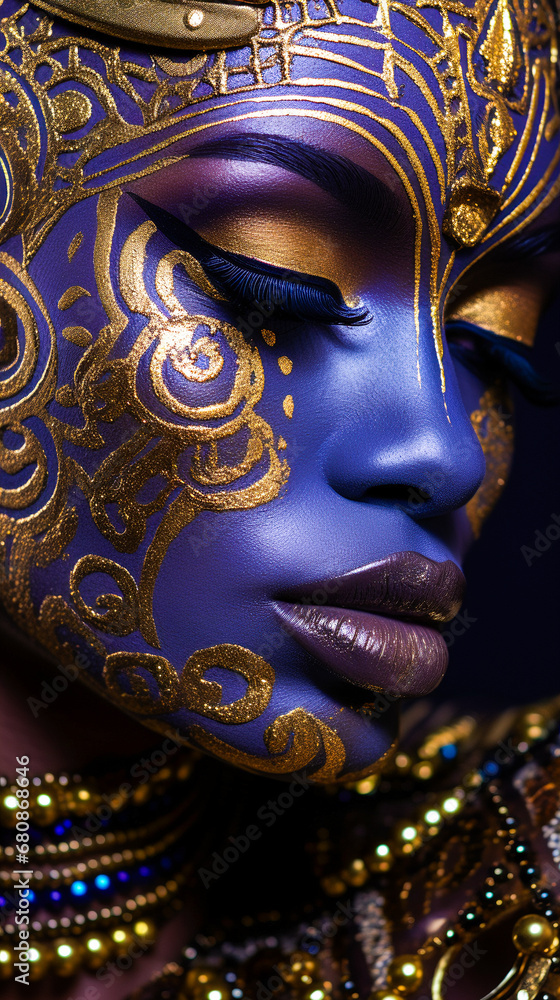 Portrait d'une jeune femme noir avec un maquillage en doré et couleurs