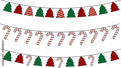 set of christmas wall hangings with christmas tree and candy canes. cute vector cartoon new year holiday garlands. traditional flat christmas decorations and ornaments