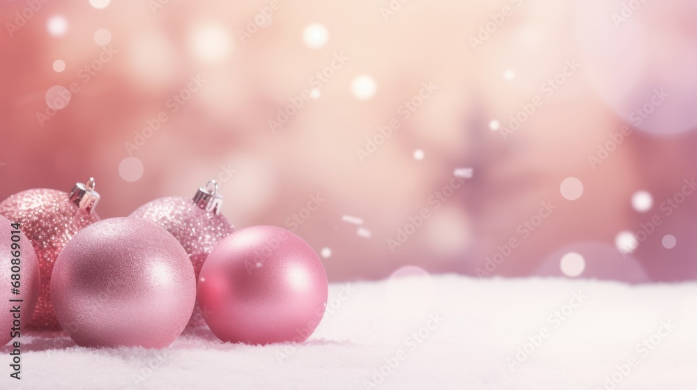 Minimalistic textured Christmas background, garland bokeh and copy space for text. New Year's card. Pink trendy balls. Generative AI. Minimalistic textured Christmas background, garland bokeh and copy space for text. New Year's card. Pink trendy balls. Generative AI.