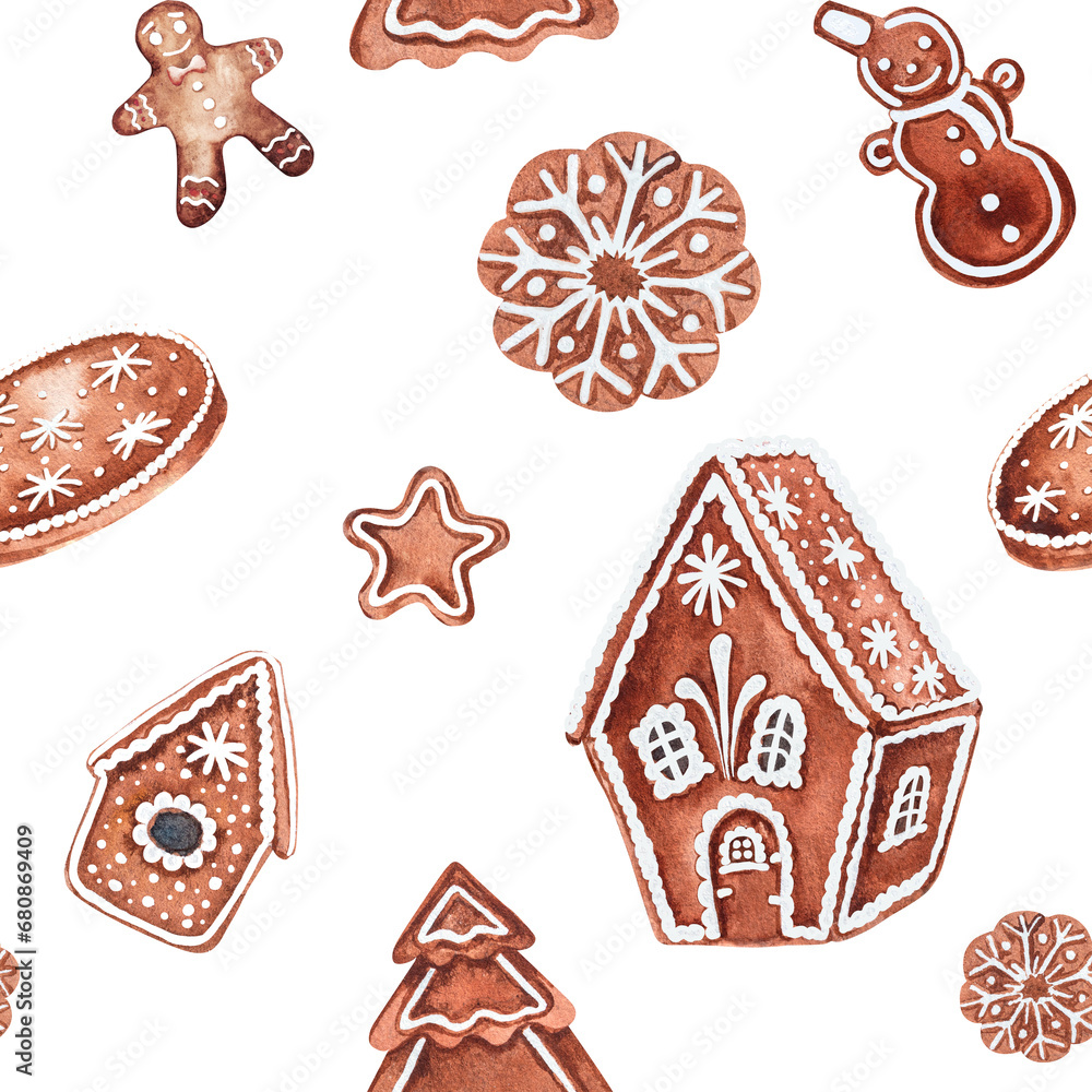 Christmas watercolor illustration, New Year seamless pattern with gingerbread house Christmas watercolor illustration, New Year seamless pattern with gingerbread house