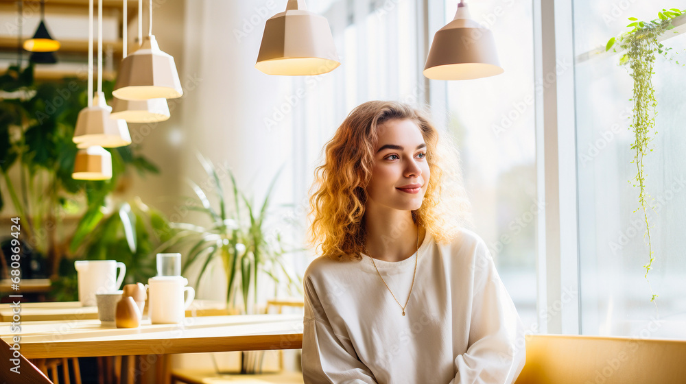 Jeune femme blonde assise dans un café Jeune femme blonde assise dans un café
