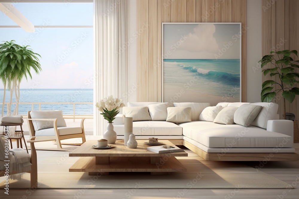 Fototapeta premium Breezy coastal living room with plush white couch, vibrant beach painting, and floor-to-ceiling windows framing a breathtaking view of the sparkling ocean.