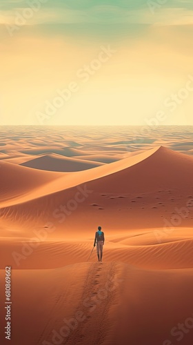 Standing surfboard in the middle of a desert