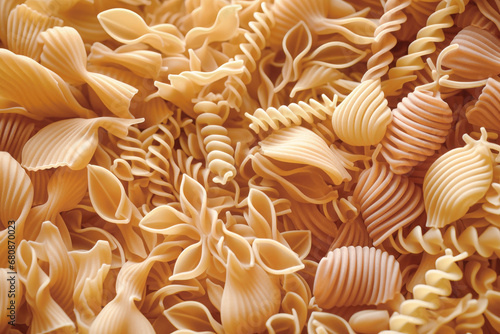 layout of Italian raw pasta, top view, different types and shapes of pasta, durum wheat noodles, close-up. photo