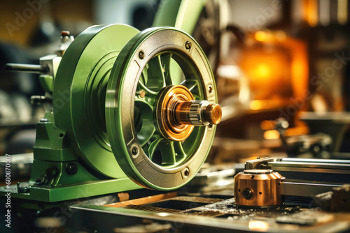 Photo of detailed view of industrial machinery in a manufacturing plant. Modern metal processing at an industrial enterprise. Manufacturing of high-precision parts and mechanisms.