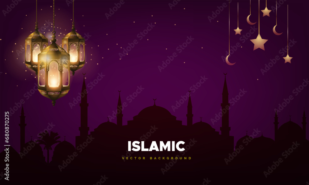 Luxury Islamic background with decorative with hanging lanterns.