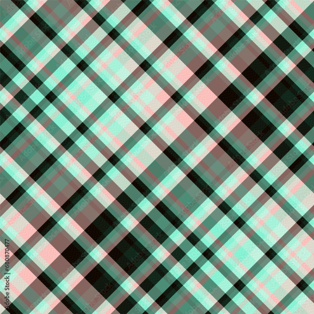 Plaid Seamless Pattern, EPS10 Vector Pixel in Dark Green and Pink, Diagonal Gingham Modern Tartan Background Graphic with Herringbone Line Grid