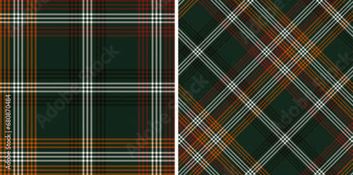 Plaid Seamless Pattern, Diagonal Gingham Vector Pixel in Dark Green, Maroon, Orange and White, Modern Tartan Background Graphic with Herringbone Line Grid