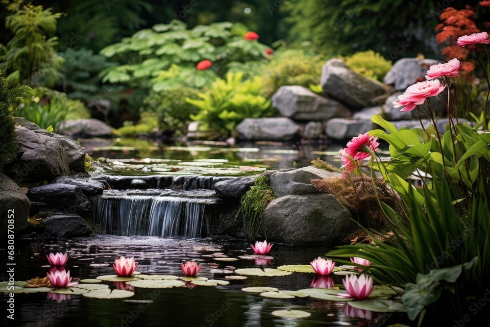 A peaceful garden pond with water lilies and a gentle waterfall, creating a sense of serenity. A peaceful garden pond with water lilies and a gentle waterfall, creating a sense of serenity.