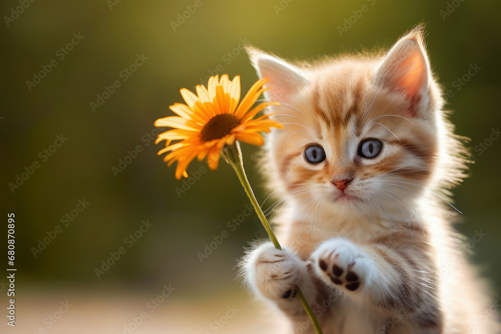 Fototapeta premium adorable fluffy kitten holding flower in paws outdoors