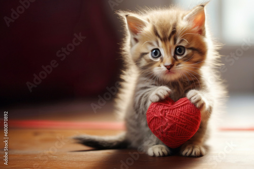 cute fluffy kitten holding red heart in paws