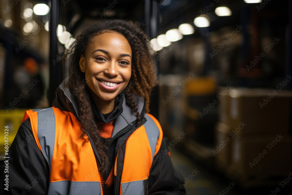 smiling African American young woman working at warehouse smiling African American young woman working at warehouse